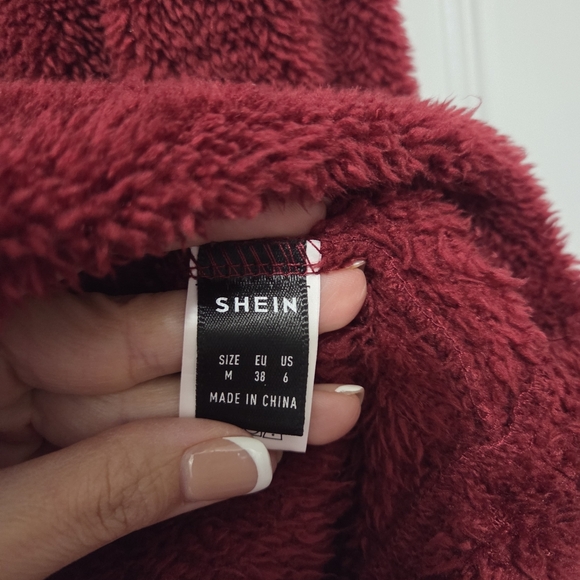Shein High Neck Drop Shoulder Oversized Burgundy Teddy Sweatshirt Size Medium - Picture 7 of 10